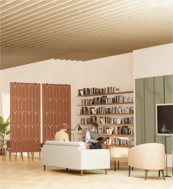 Lounge after SAMT ceiling baffles, wall panels and screens