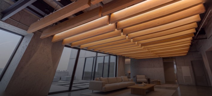 Suspended timber baffles over a lounge