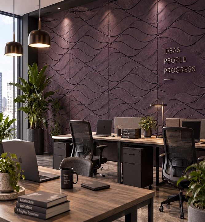 Waves panels in aubergine in an open-plan office